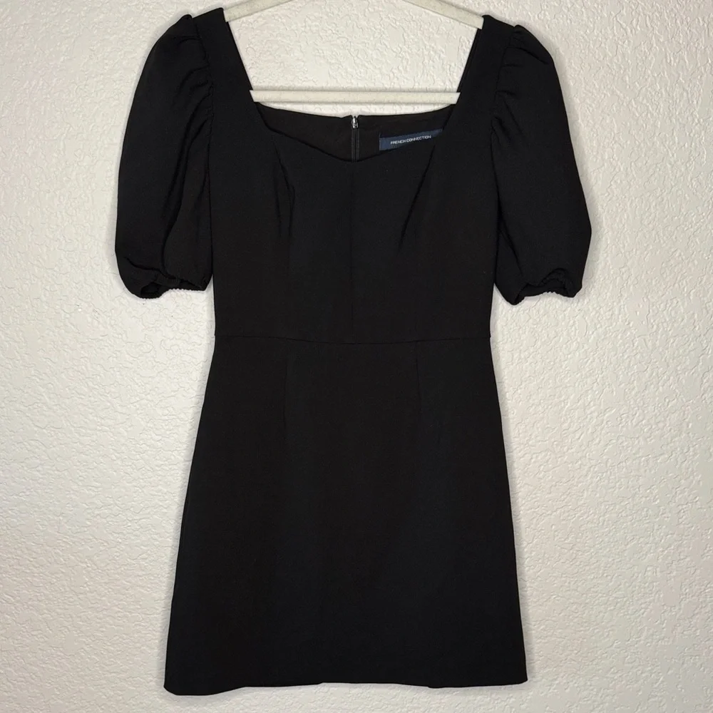 NEW French Connection Sweetheart Neck Black Mini Dress Puff Sleeve Size 2